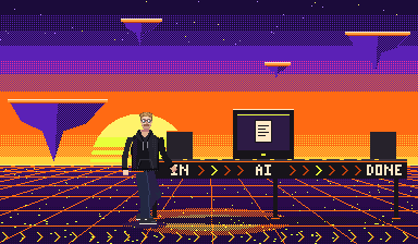 Pixel-art illustration: Jacob walks to a workstation, reviews a prepared draft and approves it, the document moves into an output tray, then he walks over to check the completed work.