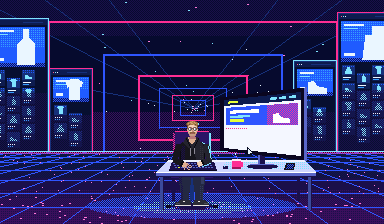 Pixel-art illustration: a desk with a keyboard and a large monitor.